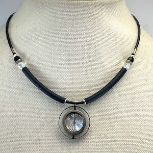 Crystal Pendant Black Glass Beaded Silver Tone OE Signed Boho Necklace Cute Goth